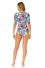 Amalfi Floral Half Zip Front Rash Guard One Piece Swimsuit - Blue Sky Fashions & Lingerie