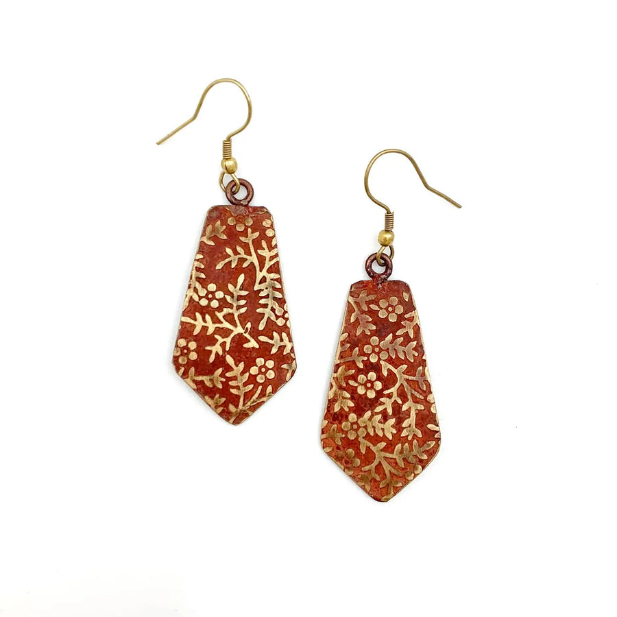 Brass Patina Earrings - Red Orange Brass Floral Vines - Blue Sky Fashions & Lingerie