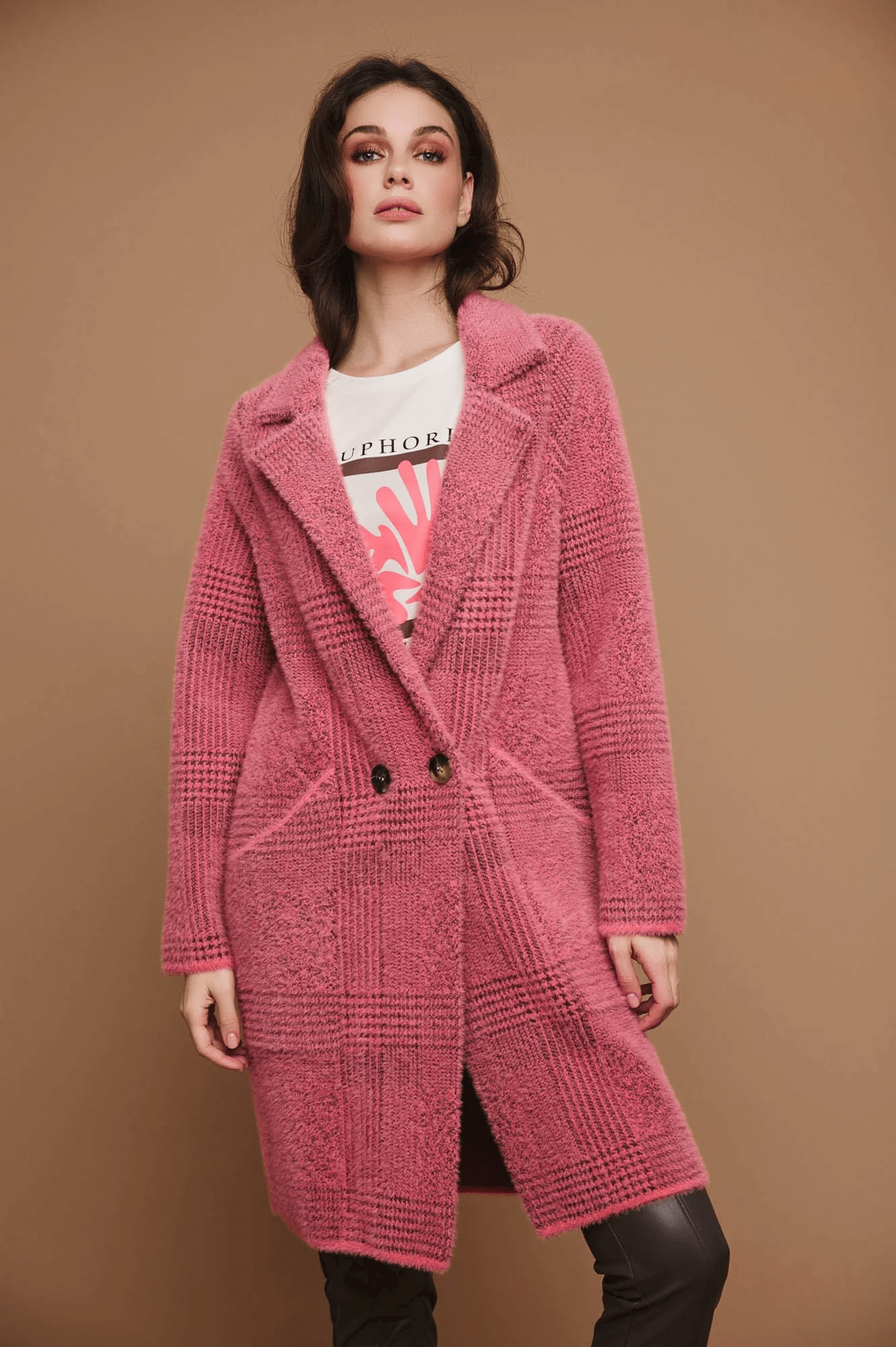 Madina double breasted knit cardigan - flamingo check