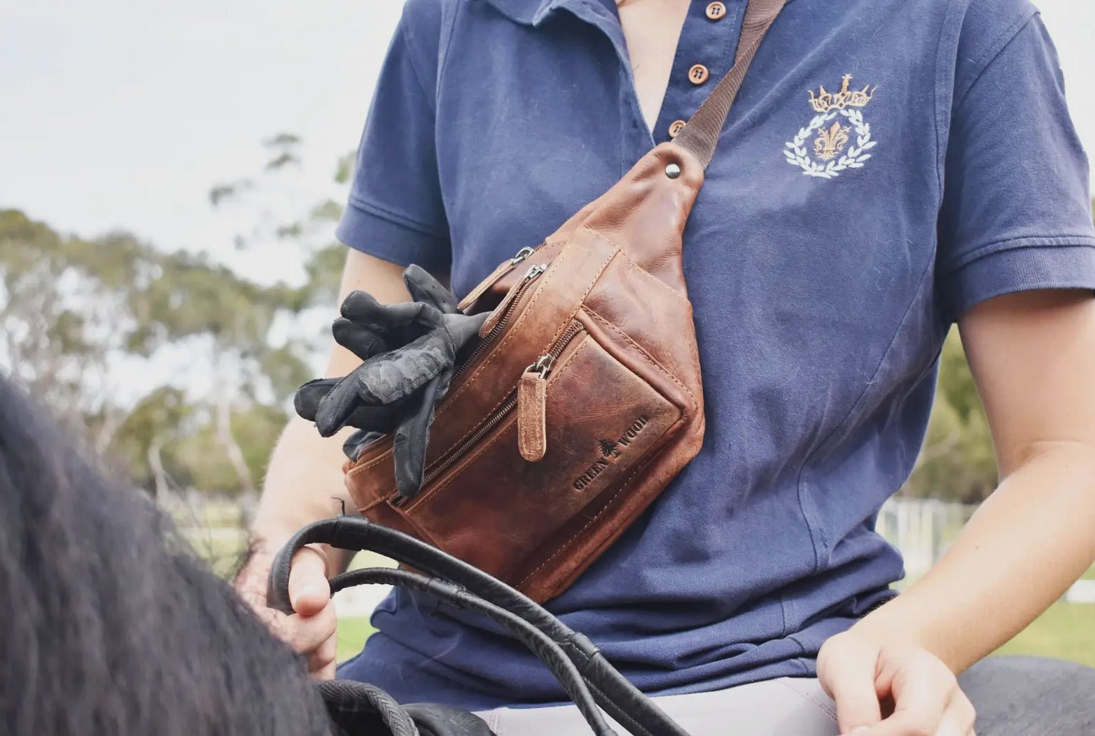 Greenwood Leather Halifax brown crossbody bag worn across the chest
