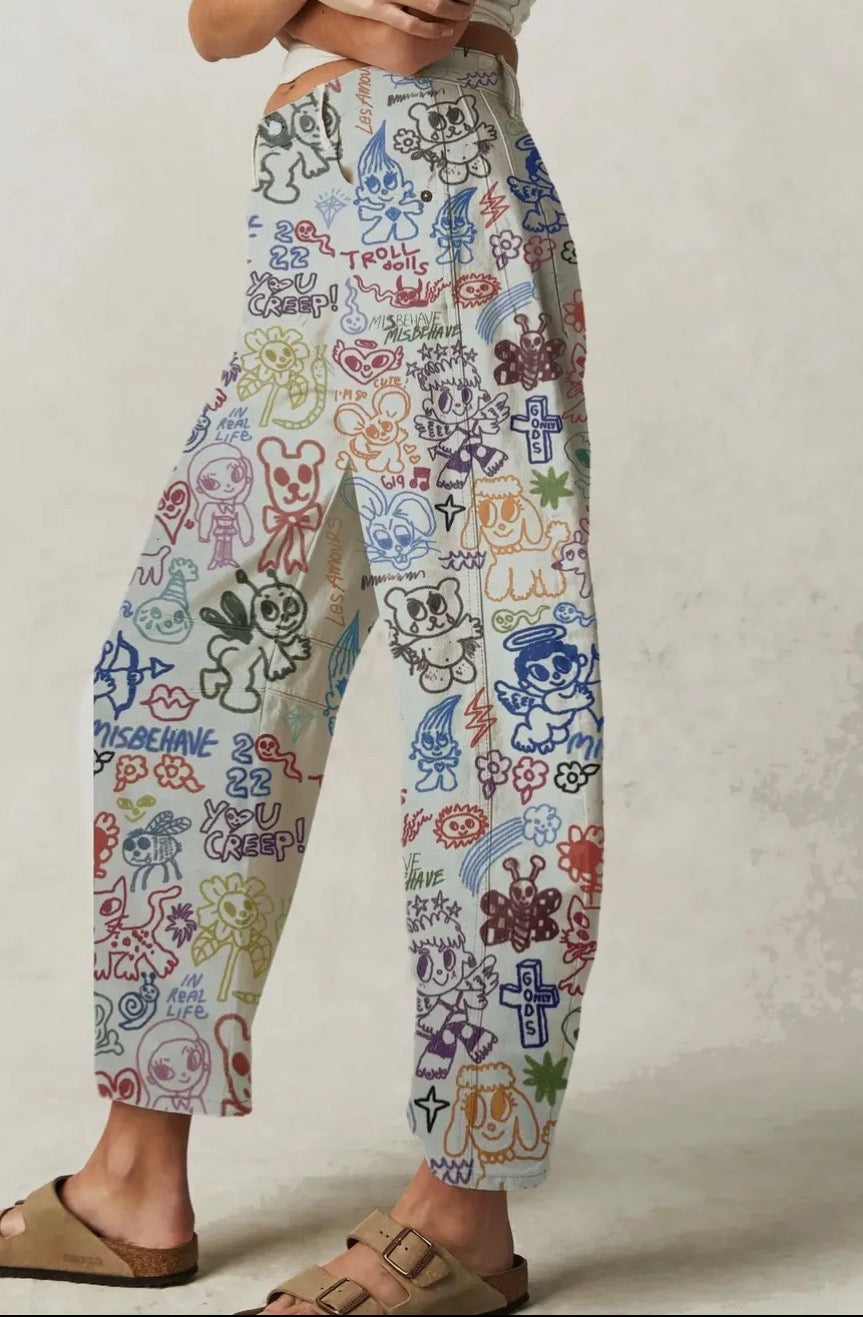 Love Star Cartoon Print Loose Midi Waist Jeans