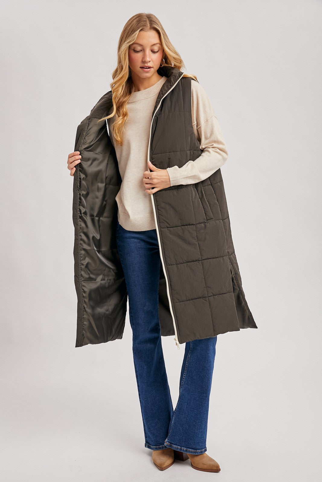 Amanda Quilted Longline Puffer Vest - Ash