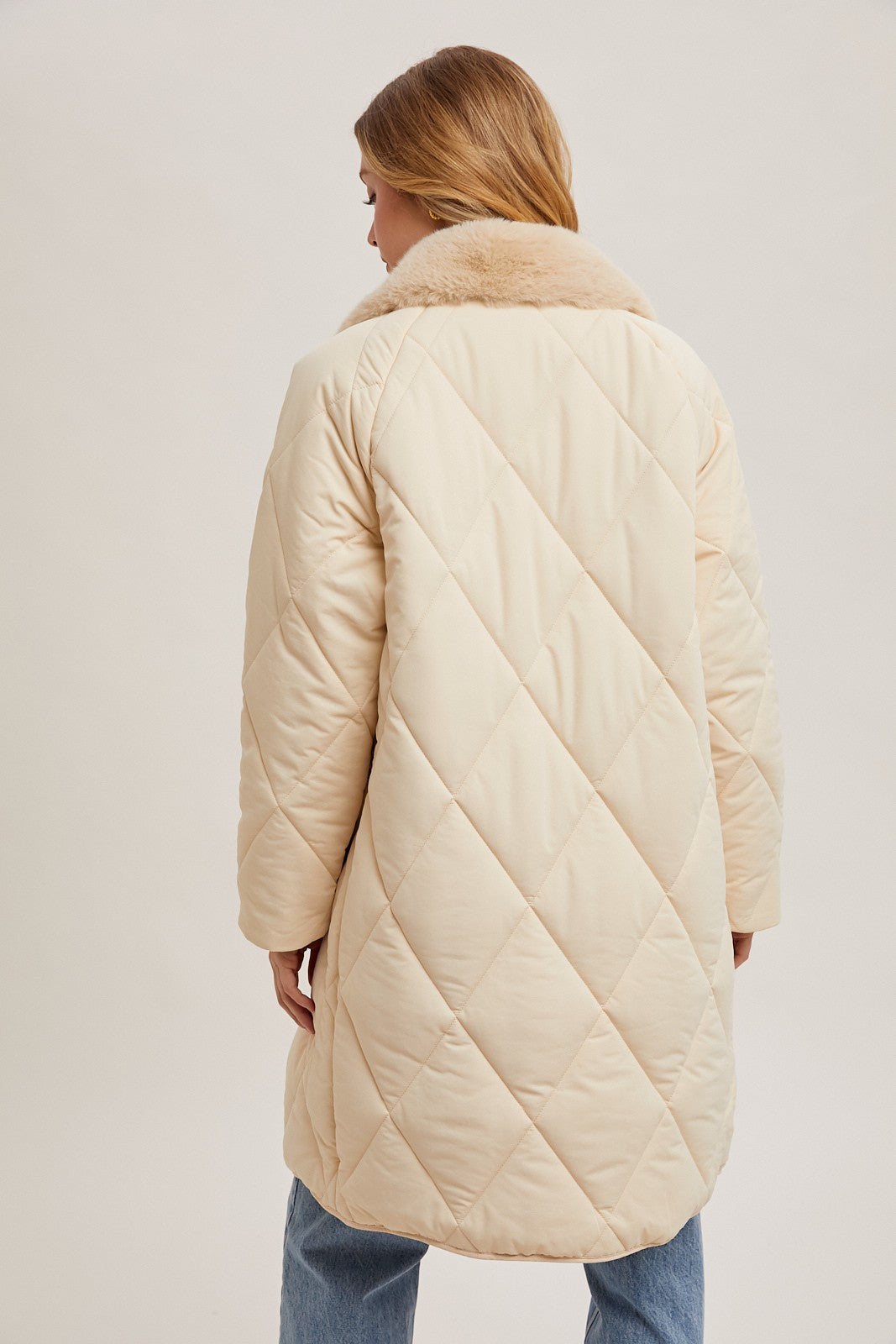 Gillian Quilted Puffer Midi Jacket -Ecru