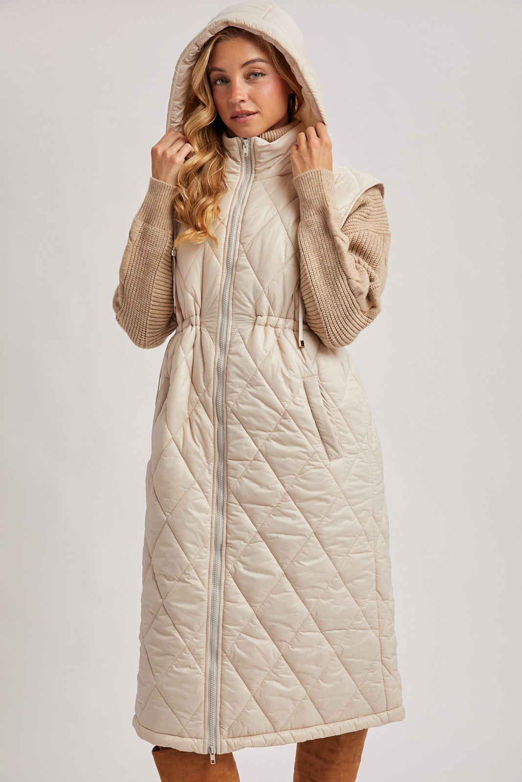 Elyse Diamond Quilted Long Hooded Vest - Beige