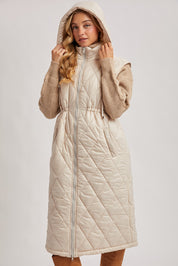 Elyse Diamond Quilted Long Hooded Vest - Beige