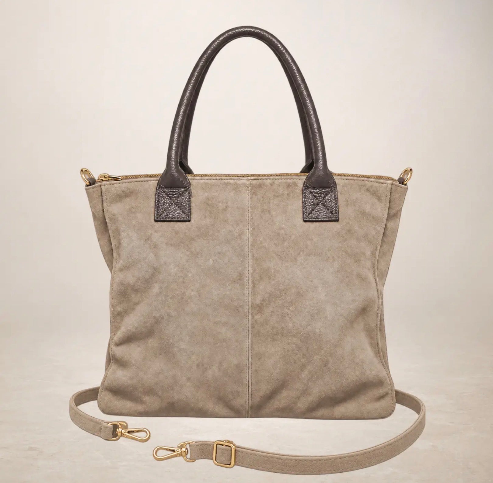 Italian Suede Leather Shopper Bag - Fudge