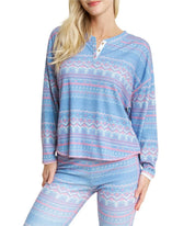 Daybreak Fair Isle Print Long Sleeve Ribbed Jersey Knit Long Holiday Pajama Set