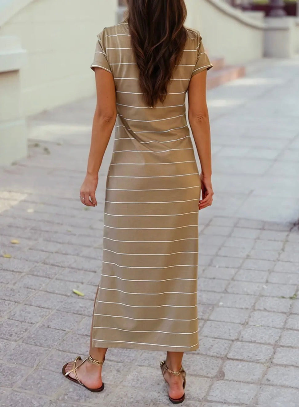 Stripe Casual Short Sleeve Side Slit Maxi T Shirt Dress