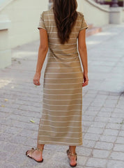 Stripe Casual Short Sleeve Side Slit Maxi T Shirt Dress