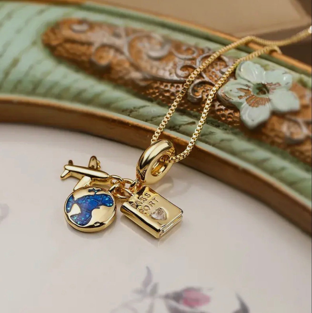 18K Gold Plated Pendant Necklace with Passport Charm - Blue Sky Fashions & Lingerie