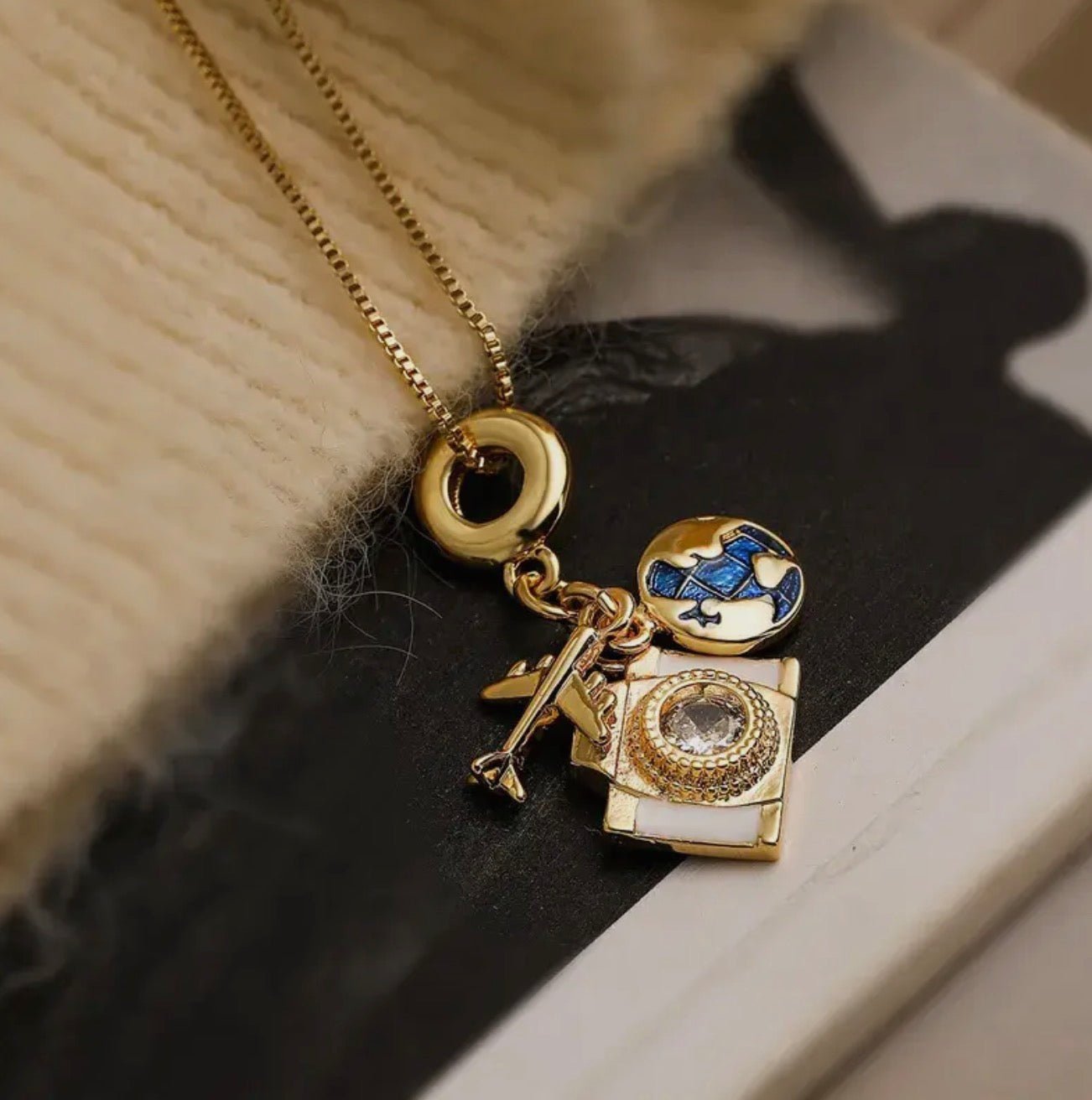 18K Gold Plated Pendant Necklace with Travel Camera Charm - Blue Sky Fashions & Lingerie