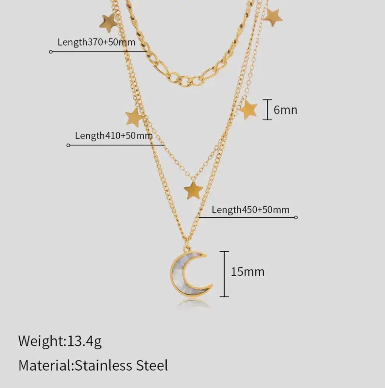 18K Gold Plated Stainless Steel Moon and Star Layer Necklace - Blue Sky Fashions & Lingerie