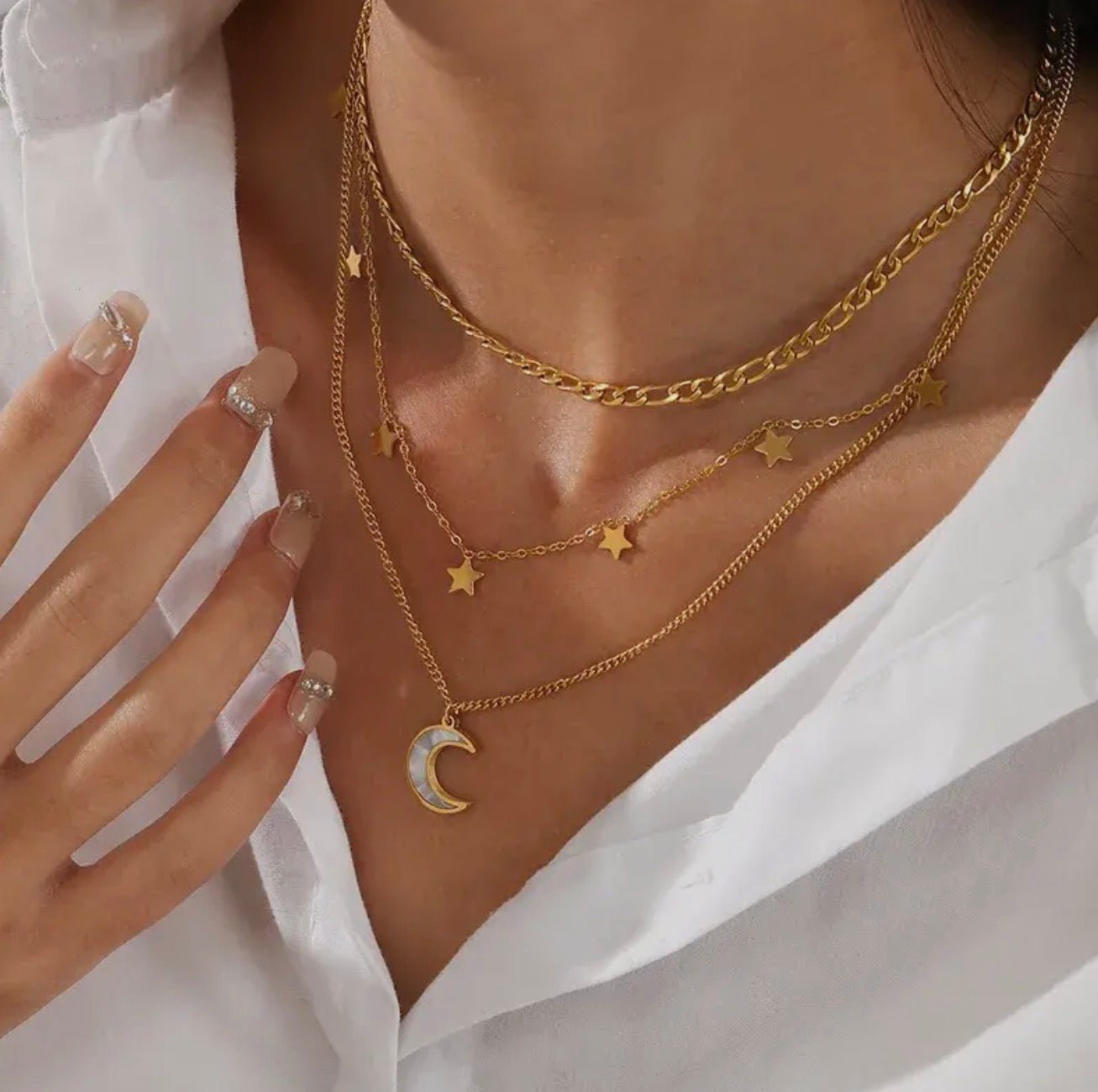 18K Gold Plated Stainless Steel Moon and Star Layer Necklace - Blue Sky Fashions & Lingerie