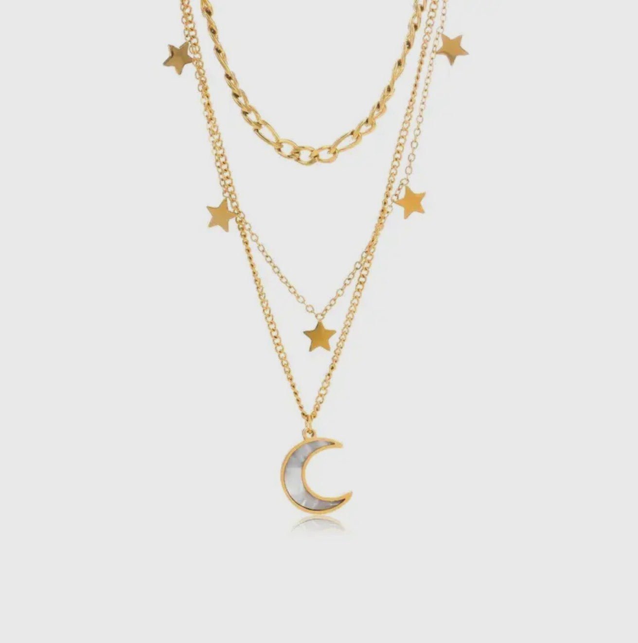 18K Gold Plated Stainless Steel Moon and Star Layer Necklace - Blue Sky Fashions & Lingerie