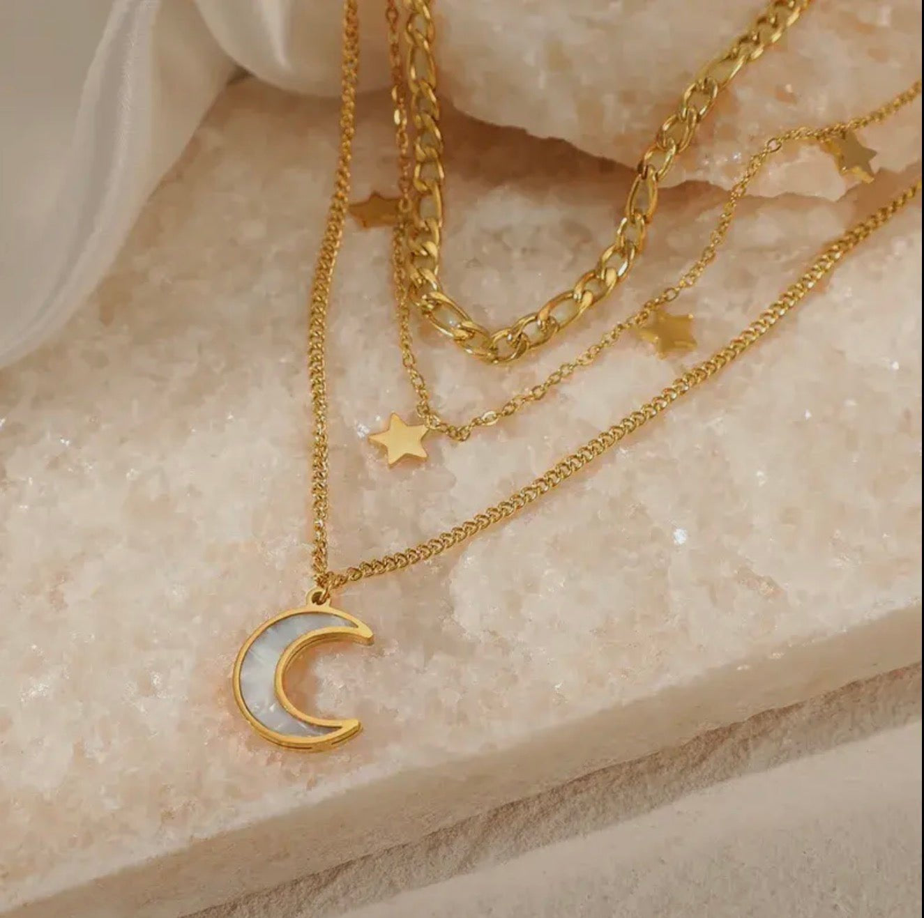 18K Gold Plated Stainless Steel Moon and Star Layer Necklace - Blue Sky Fashions & Lingerie