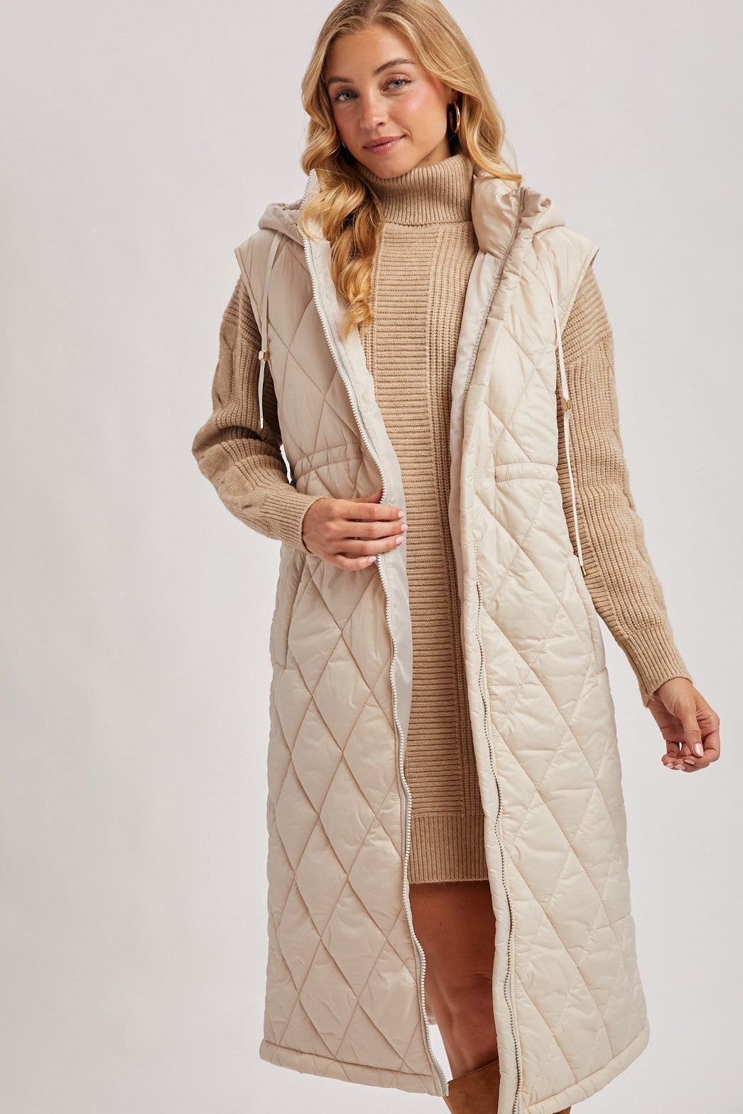 Elyse Diamond Quilted Long Hooded Vest - Beige