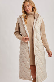 Elyse Diamond Quilted Long Hooded Vest - Beige
