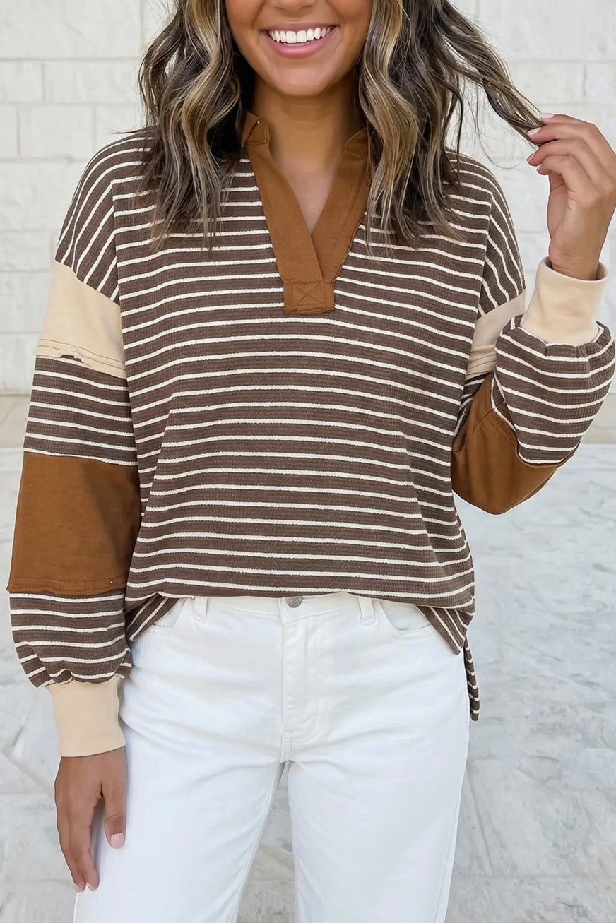 Collar V Neck Color Block Detail Long Sleeve Pullover
