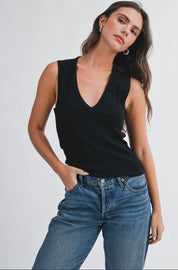 Betty Ribbed V-Neck Tank - Black
