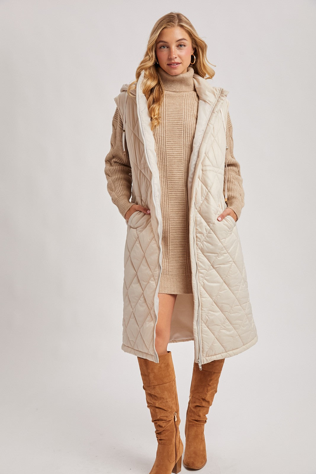 Elyse Diamond Quilted Long Hooded Vest - Beige