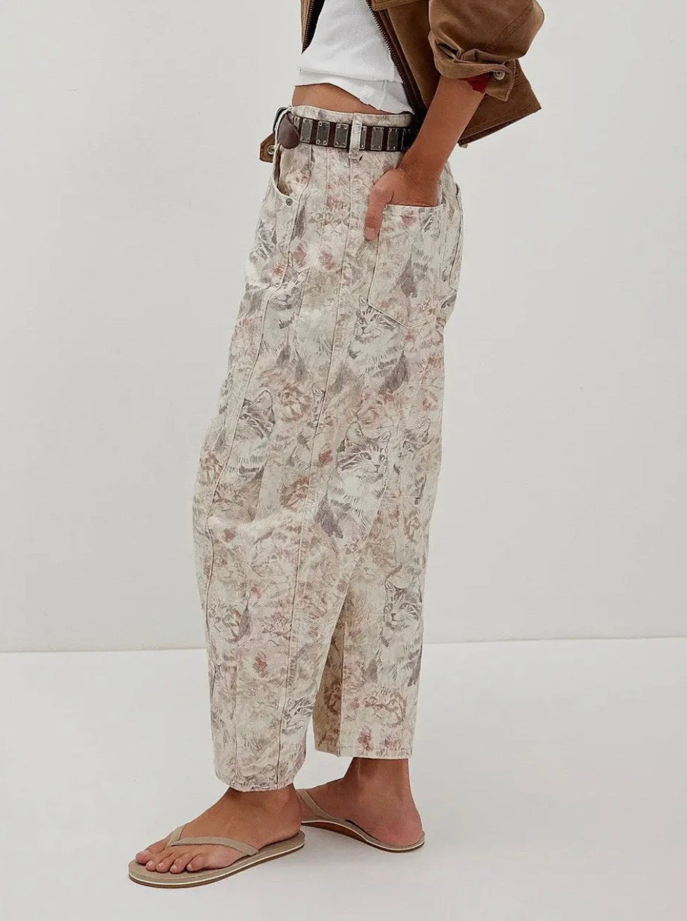 Love Star Cat Print Loose Midi Waist Jeans