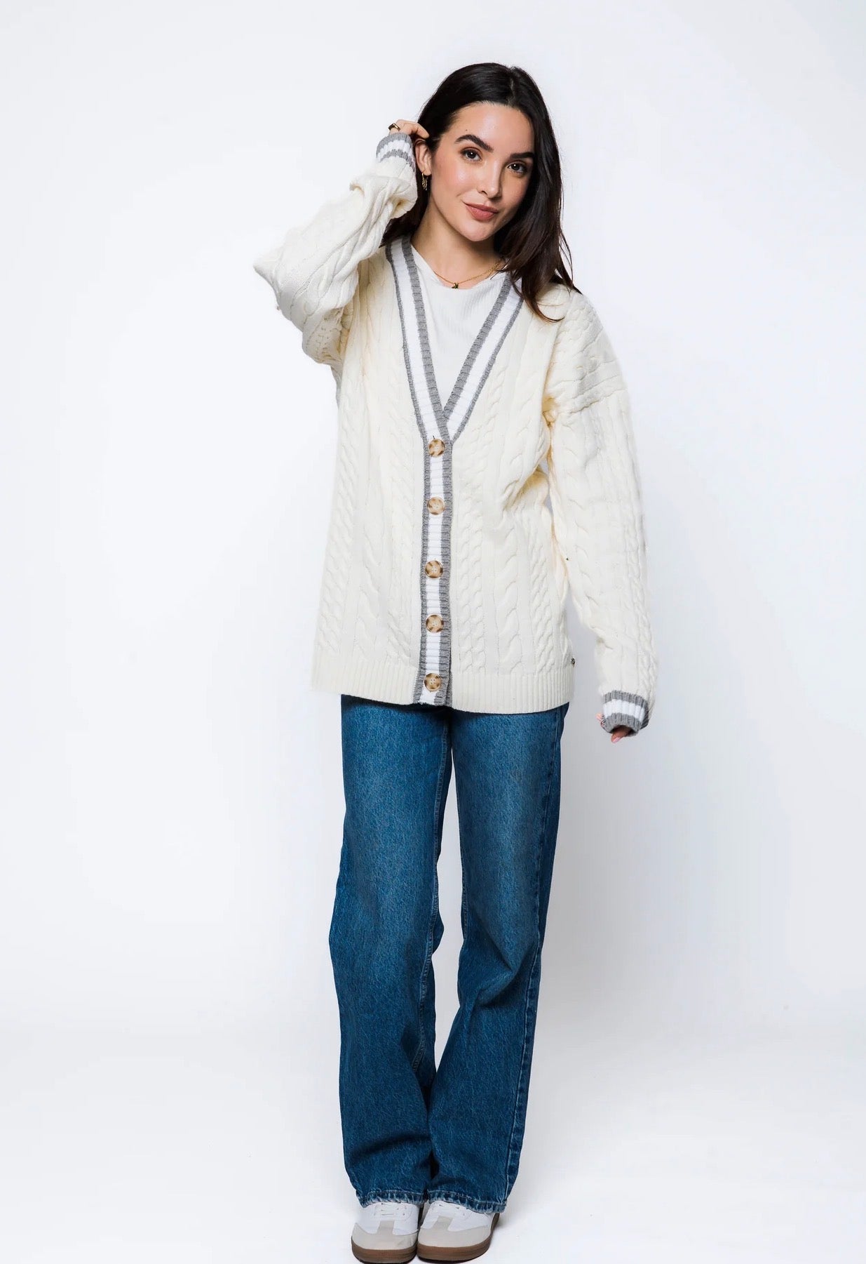 Lou-Cable Knit Cardigan by Orb - winter white