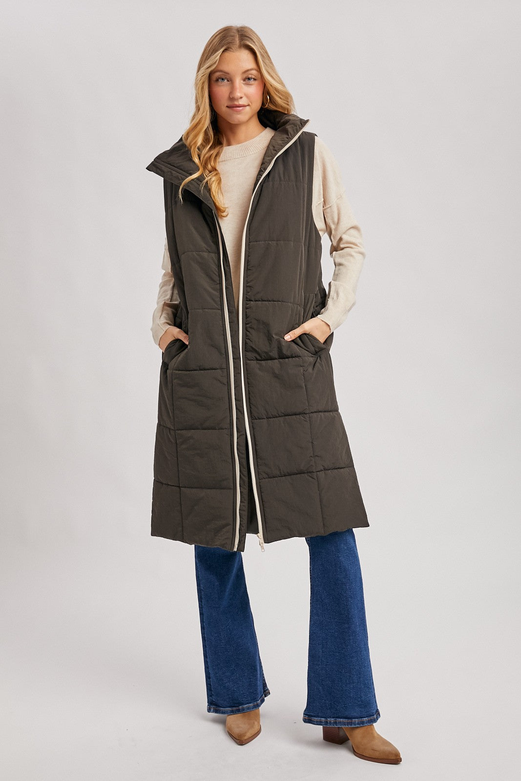 Amanda Quilted Longline Puffer Vest - Ash