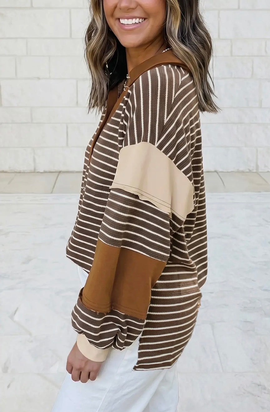 Collar V Neck Color Block Detail Long Sleeve Pullover