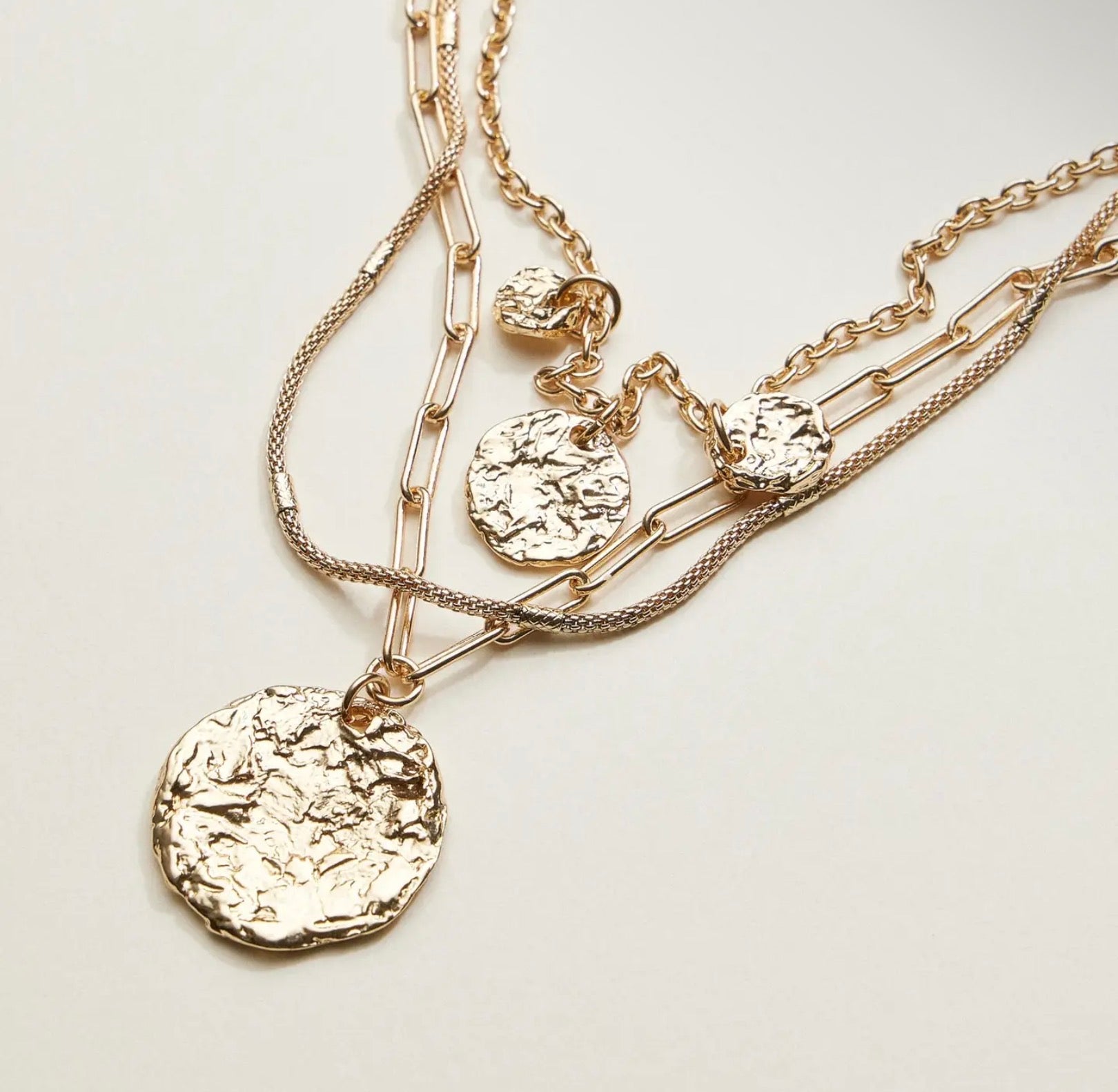 Hammered Disc Layered Necklace | Triple Chain Necklace
