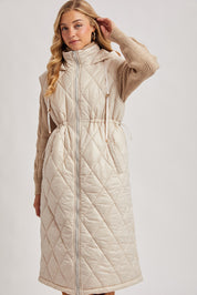 Elyse Diamond Quilted Long Hooded Vest - Beige