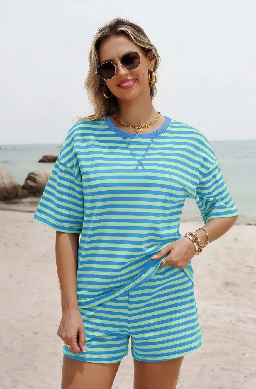 Women’s Striped Cotton Pullover Short 2 Pc Sets