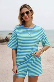 Women’s Striped Cotton Pullover Short 2 Pc Sets
