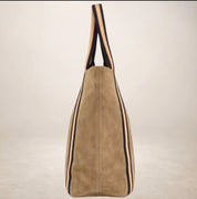 Italian Suede Leather Shopper Bag with Sporty Canvas Strap - Tan