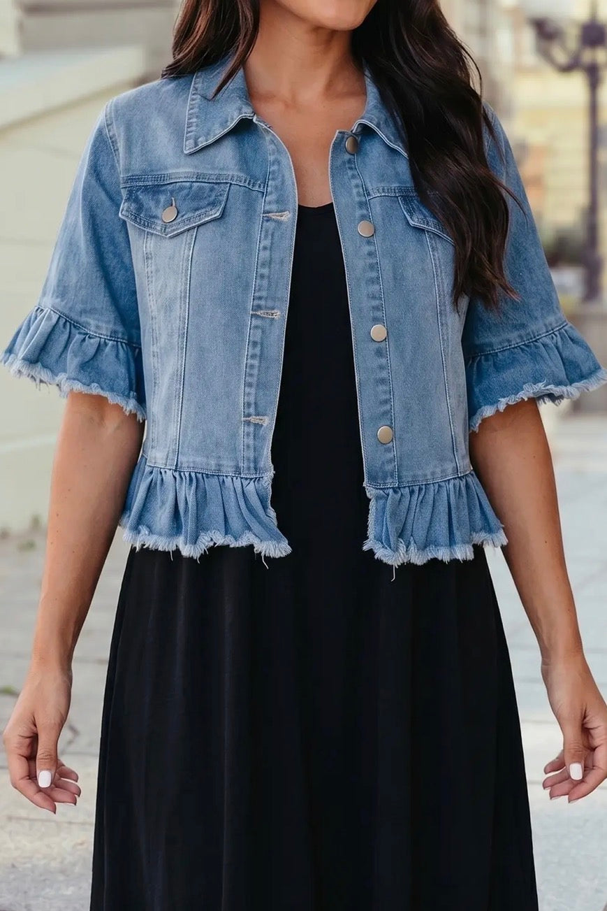 Ruffle Hem Half Sleeve Western Style Denim Jacket