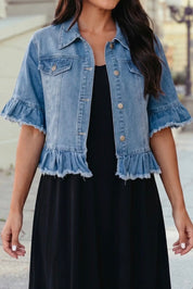Ruffle Hem Half Sleeve Western Style Denim Jacket