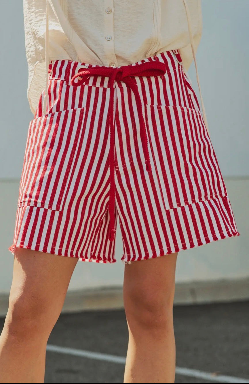 Striped High-Rise Denim Shorts