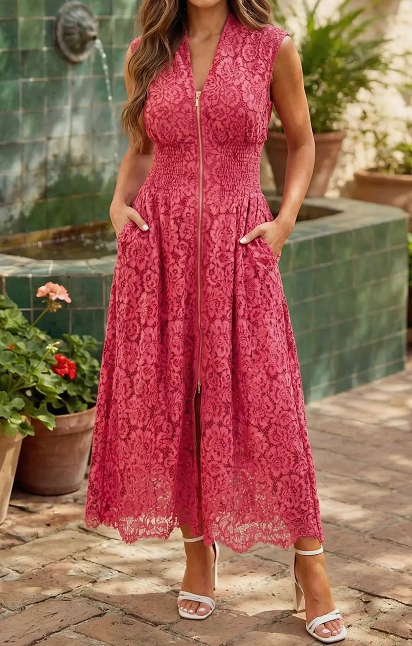 Lace Overlay Zip Up V Neck Smocked Waist Sleeveless Dress