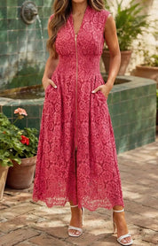 Lace Overlay Zip Up V Neck Smocked Waist Sleeveless Dress