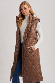 Elyse Diamond Quilted Long Hooded Vest - Coco