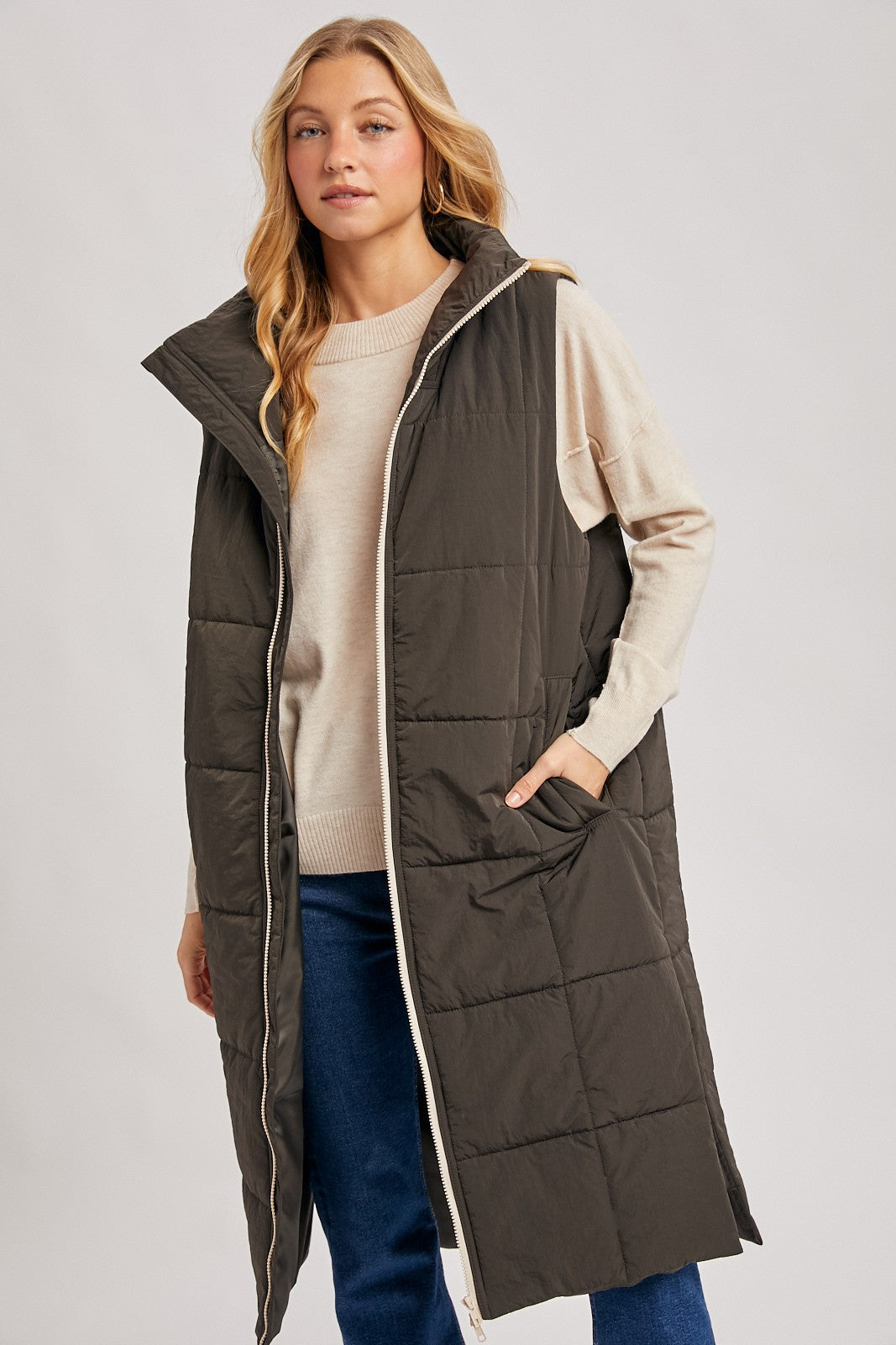 Amanda Quilted Longline Puffer Vest - Ash