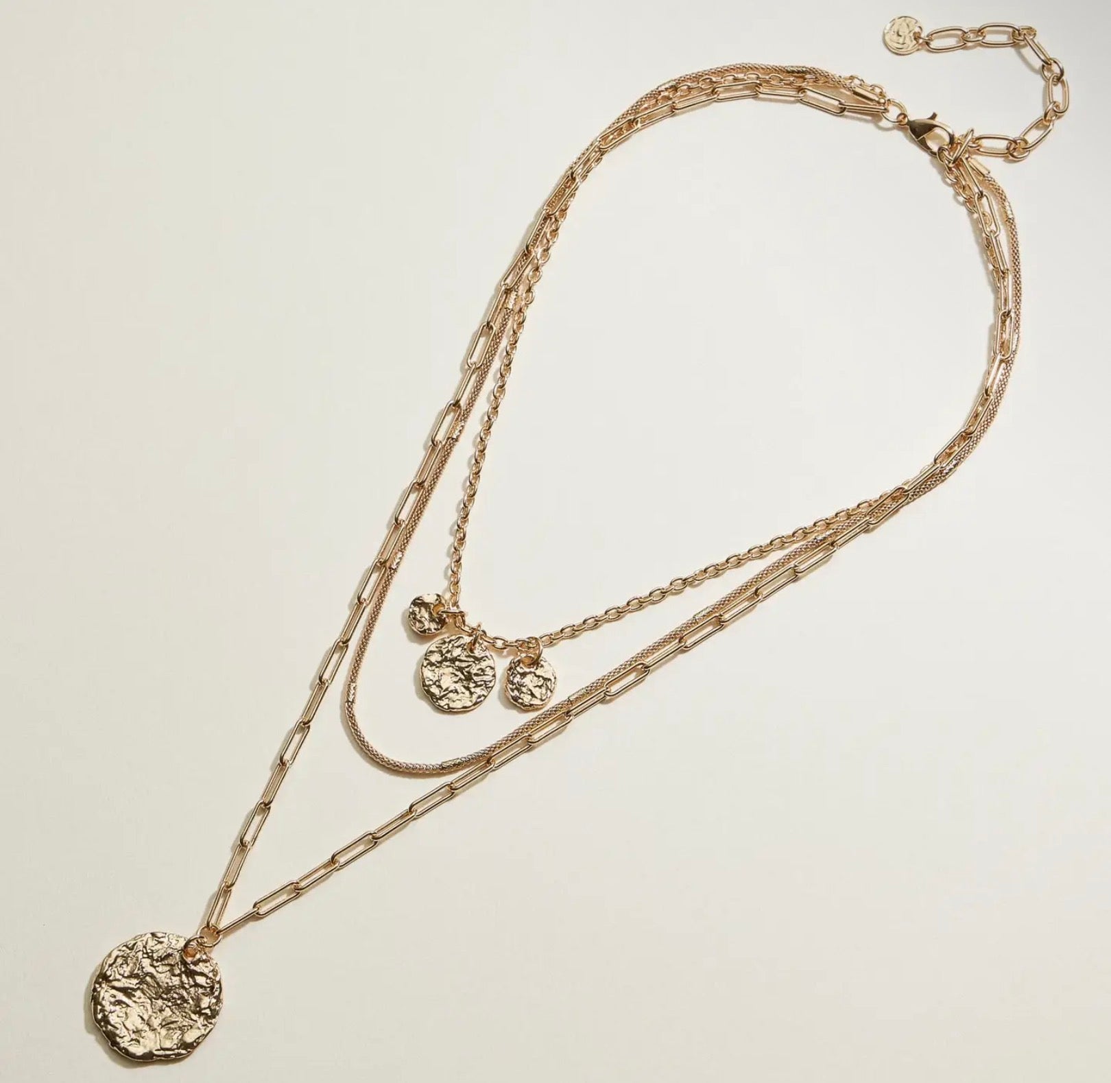 Hammered Disc Layered Necklace | Triple Chain Necklace