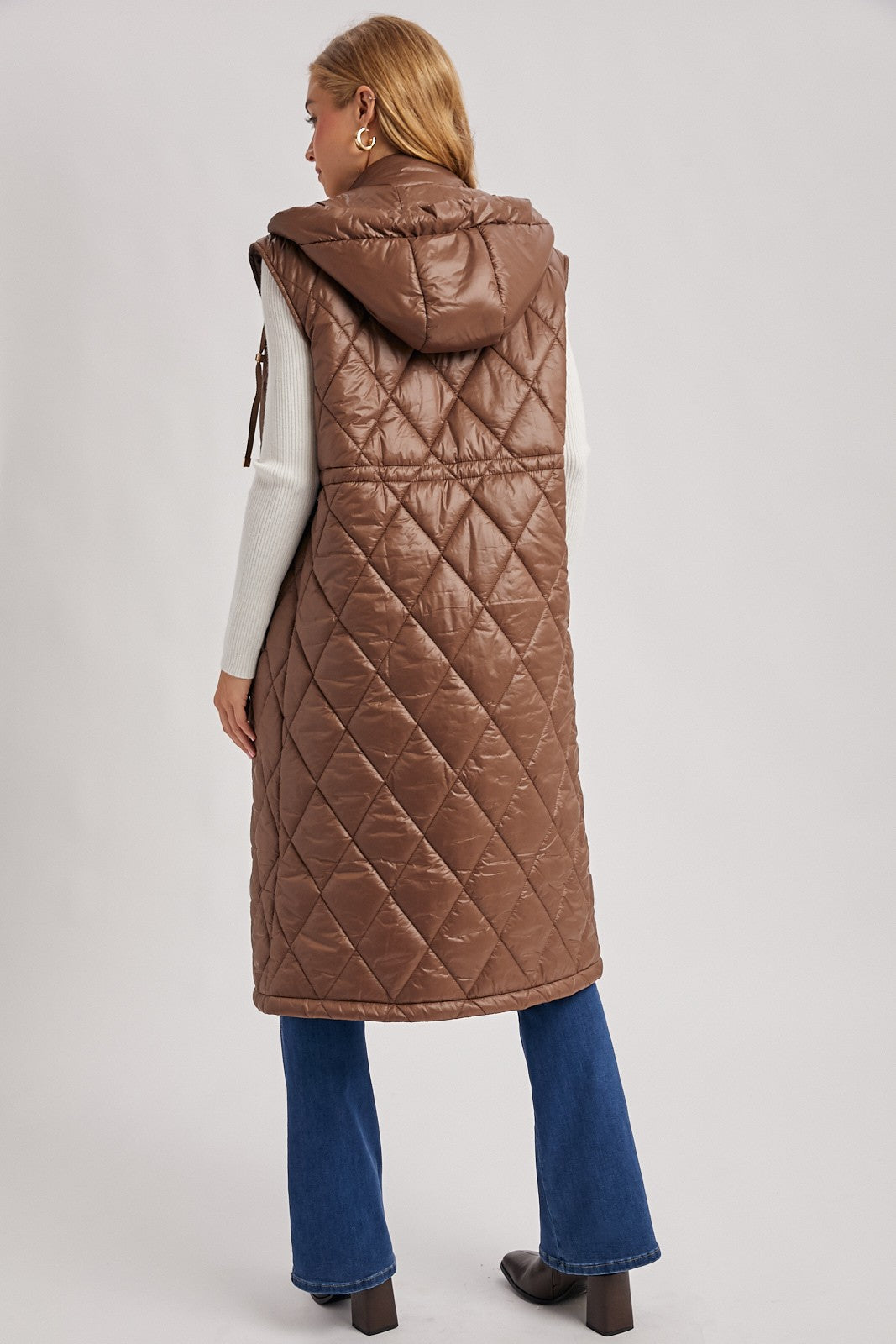 Elyse Diamond Quilted Long Hooded Vest - Coco