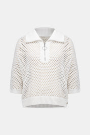 Vicscose Blend Boxy Sweater Knit With Zipped Neckline in White 261634