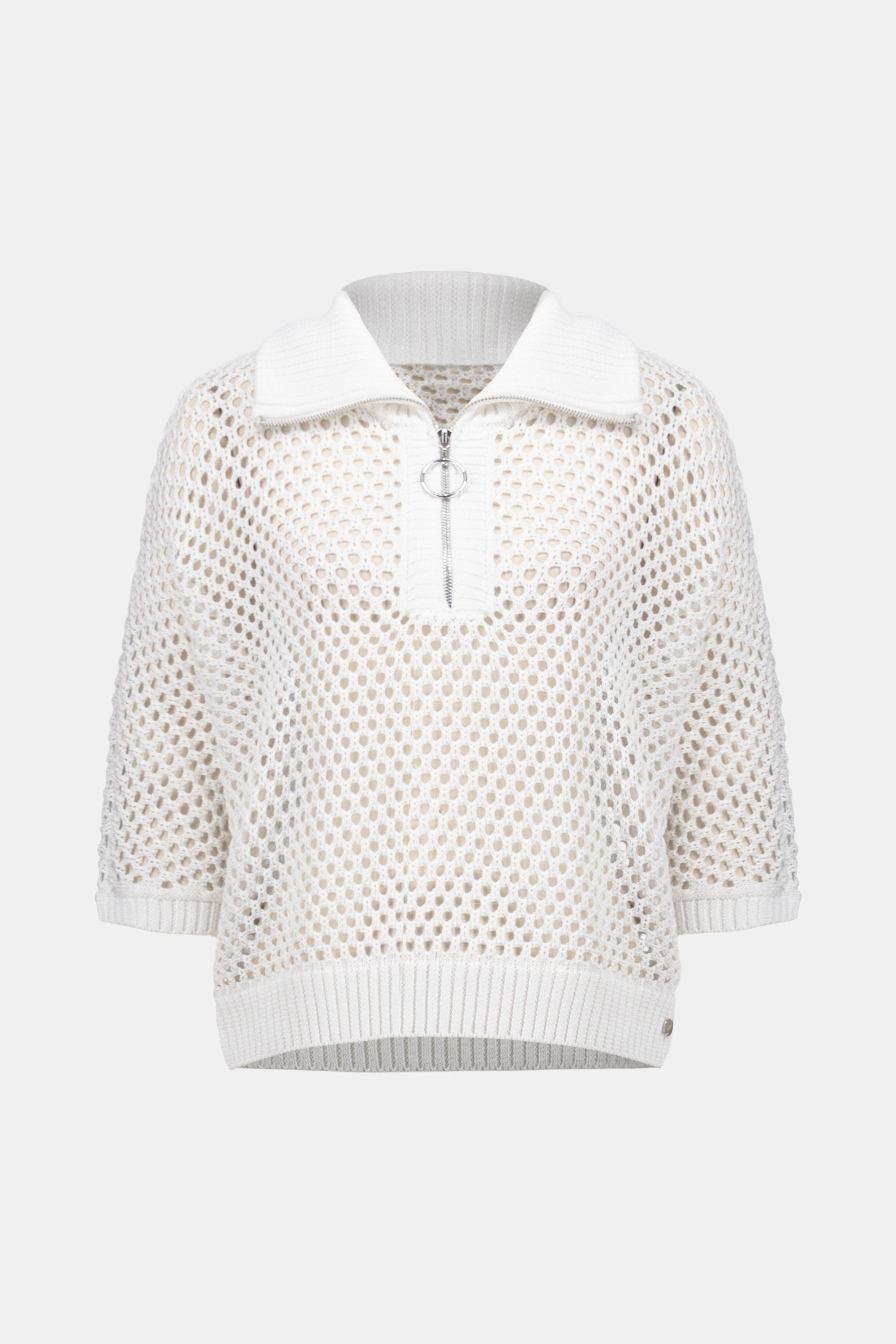 Vicscose Blend Boxy Sweater Knit With Zipped Neckline in White 261634