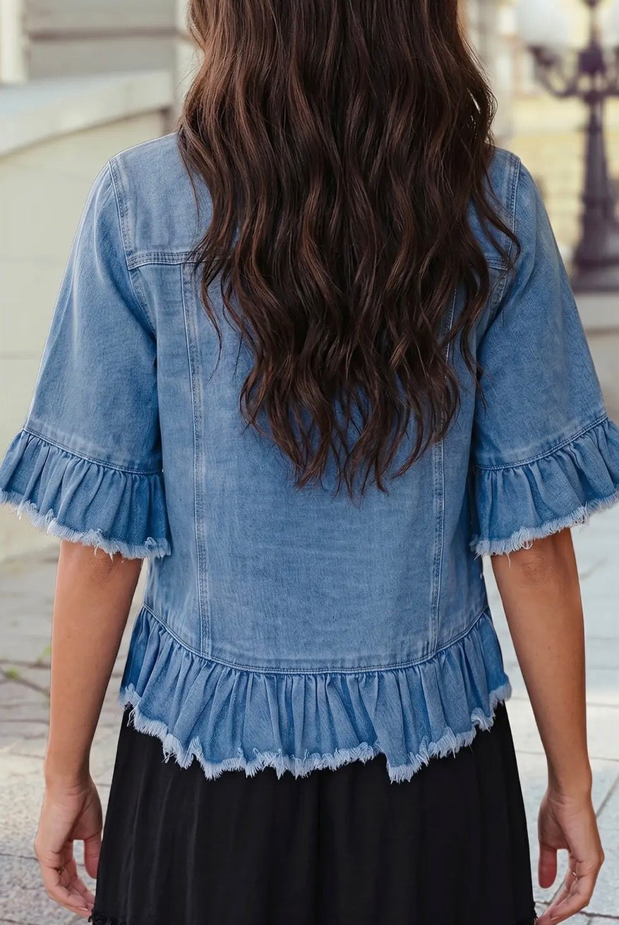 Ruffle Hem Half Sleeve Western Style Denim Jacket