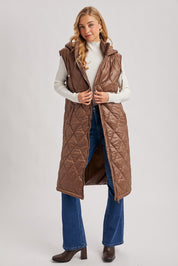 Elyse Diamond Quilted Long Hooded Vest - Coco