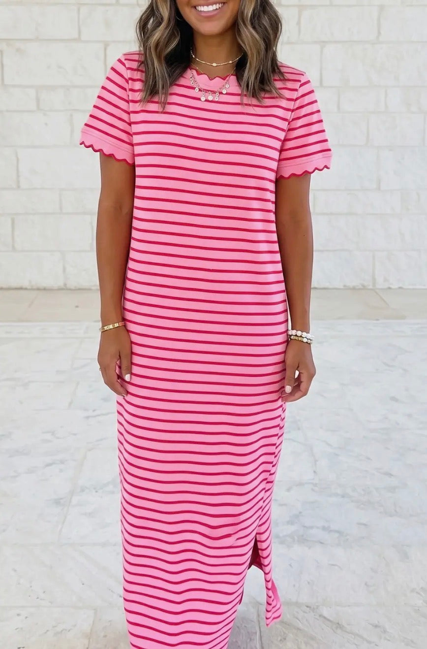Scalloped Trim Short Sleeve Side Slit T Shirt Long Dress