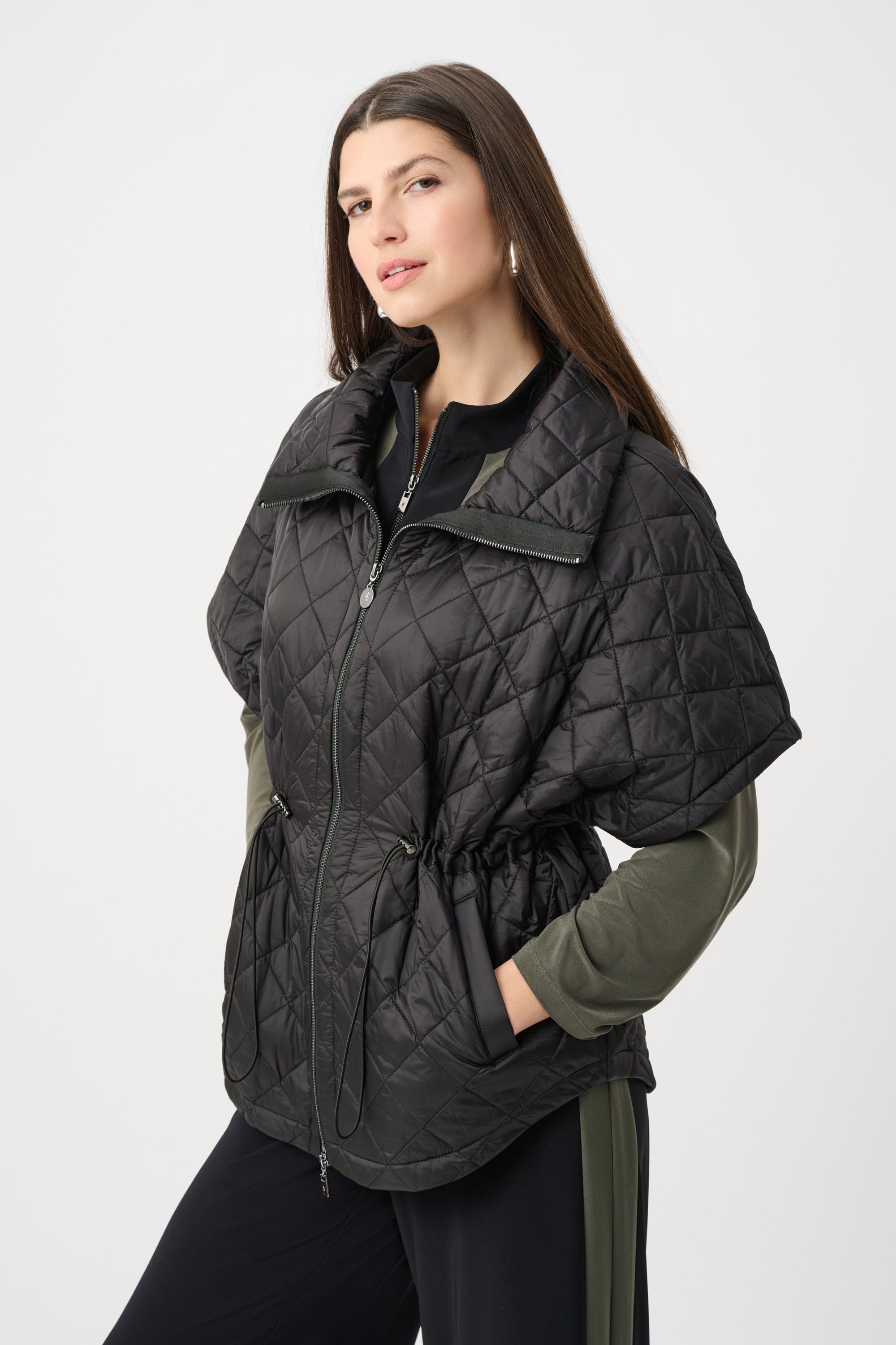 Quilted Nylon Shawl-Neck Boxy Vest
263643 by Joseph Ribkoff - black