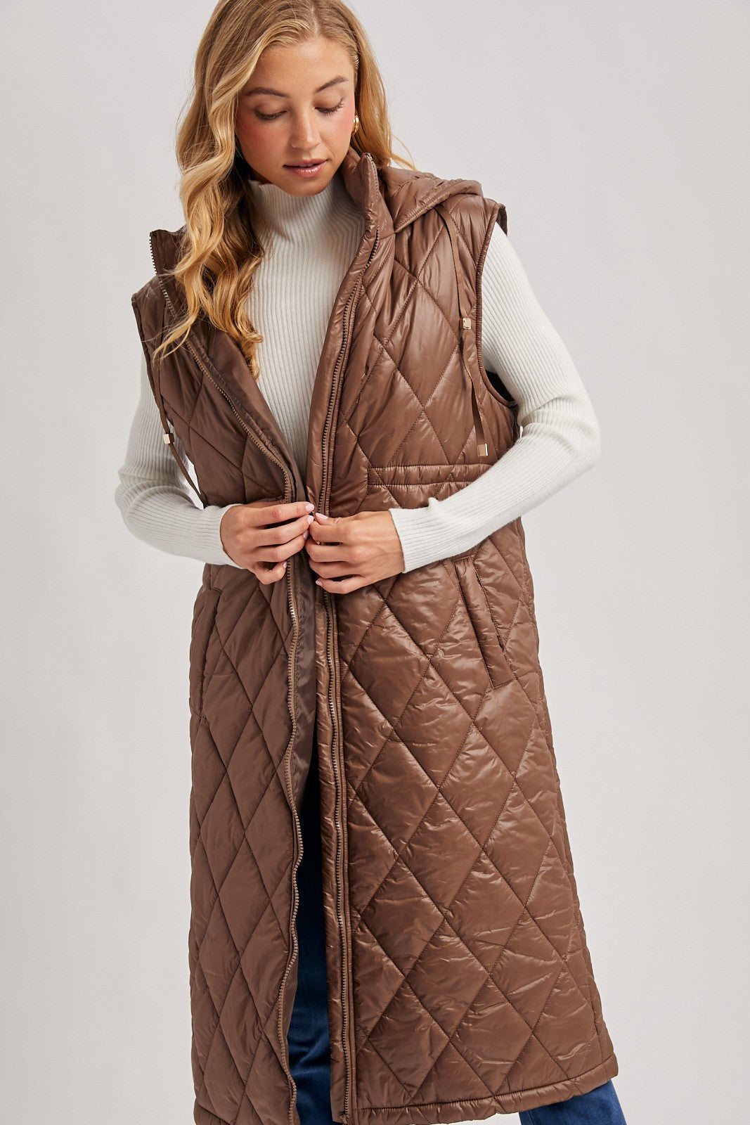 Elyse Diamond Quilted Long Hooded Vest - Coco