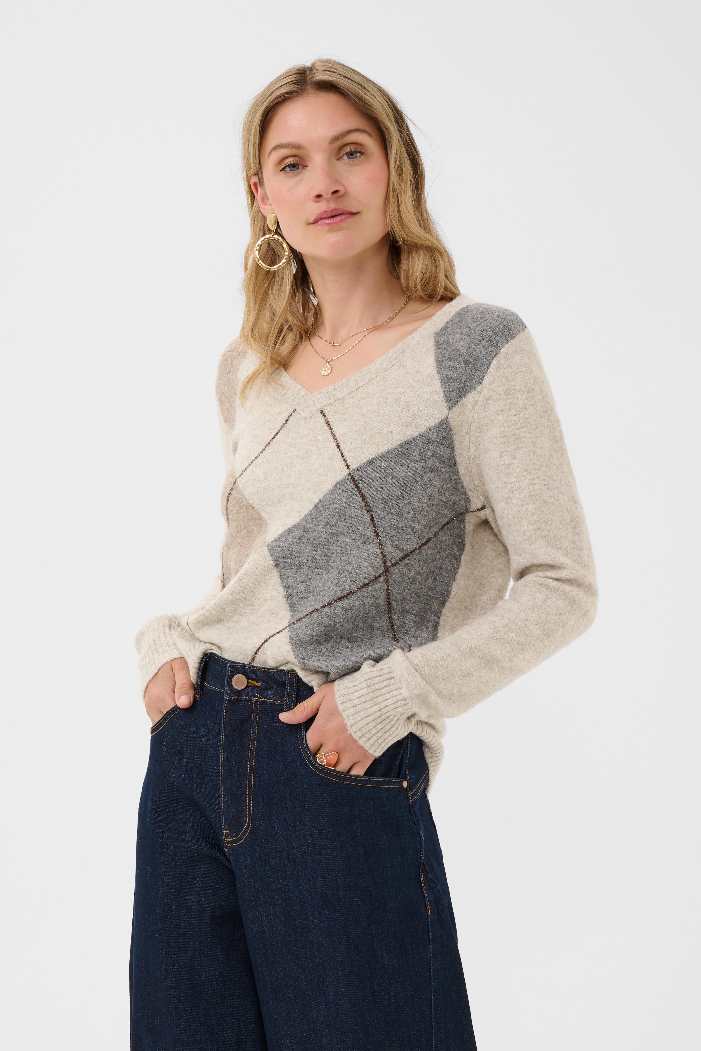 Hope Argyle Print Sweater by Cream - Oat Melange